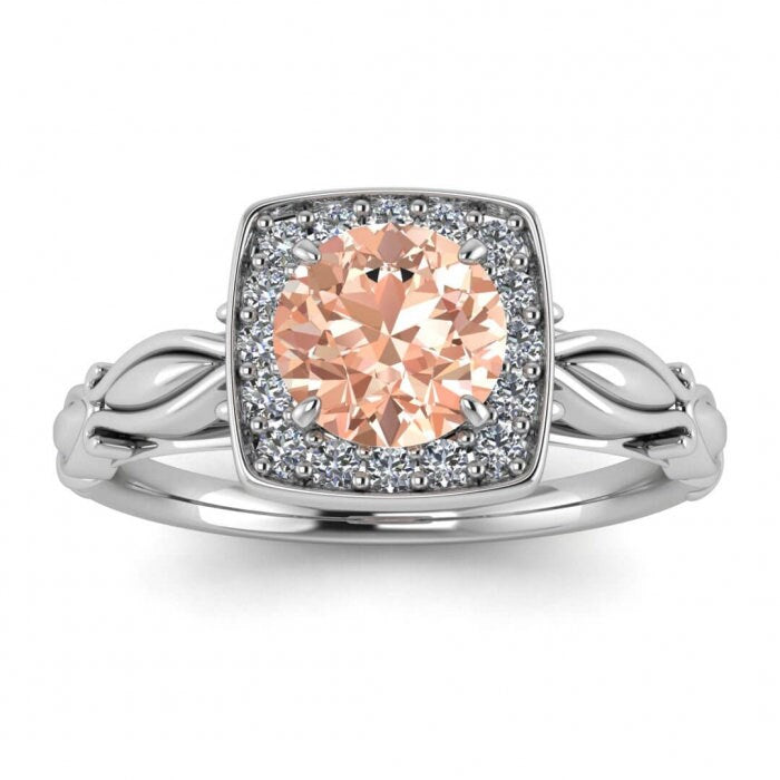 14k Rose Gold Khloe Square Halo Morganite And Diamond Ring (1/9 Ct. Tw.); Hidden Heart Under The Gallery, Petite Band, Floral Band