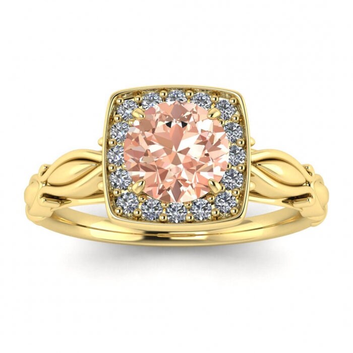 14k Rose Gold Khloe Square Halo Morganite And Diamond Ring (1/9 Ct. Tw.); Hidden Heart Under The Gallery, Petite Band, Floral Band