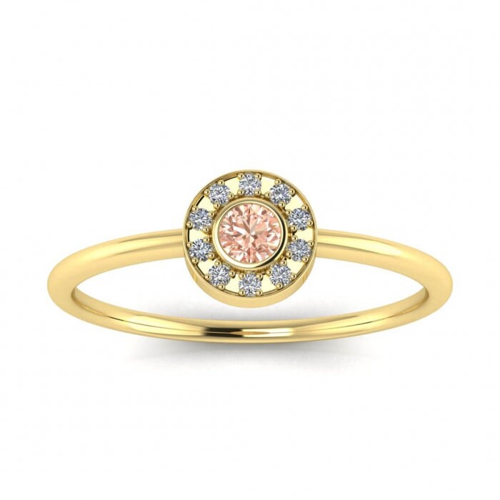 14k Rose Gold Clarion Delicate Morganite And Diamond Halo Ring, Thin Band, Bezel Center Gemstone, Pave Side Accents, Sun Rays