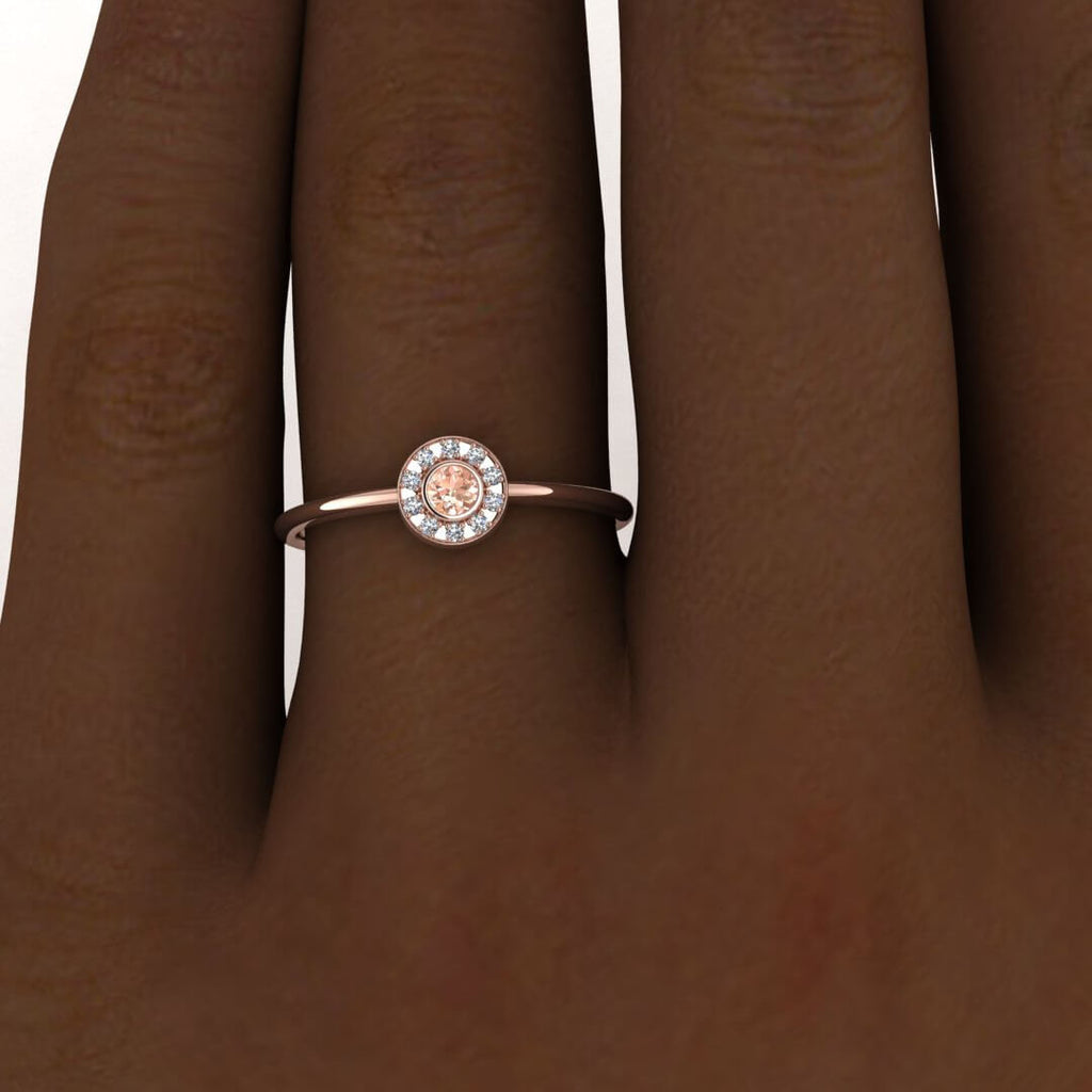 14k Rose Gold Clarion Delicate Morganite And Diamond Halo Ring, Thin Band, Bezel Center Gemstone, Pave Side Accents, Sun Rays