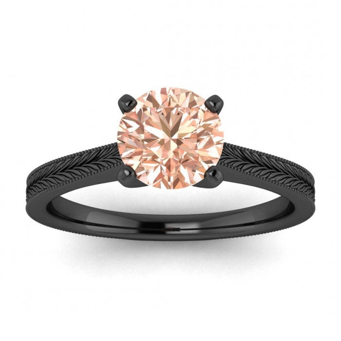 14k Rose Gold Clio Milgrained Morganite Ring, Cathedral, High Profile Prongs, Hand Engraving, Milgrain