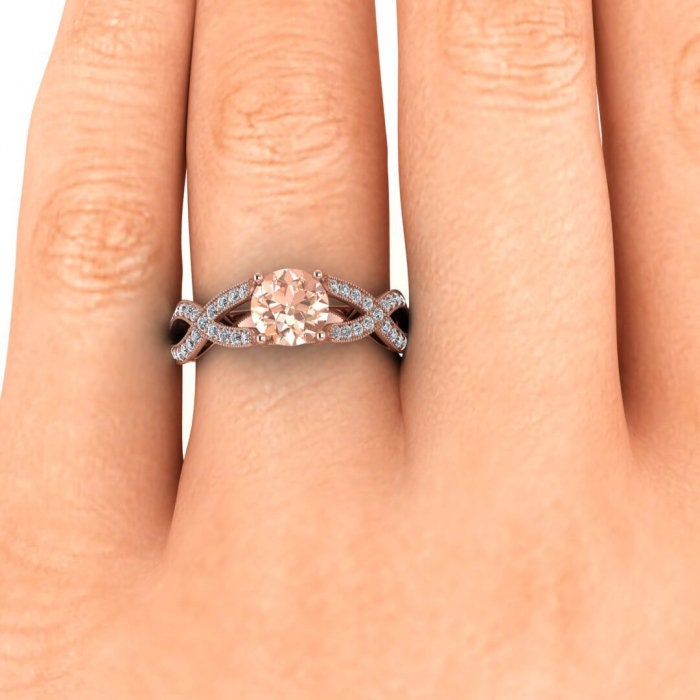 14k Rose Gold Cornelia Classic Halo Morganite And Diamond Engagement Ring, Rounded Band, Shared Prongs Halo