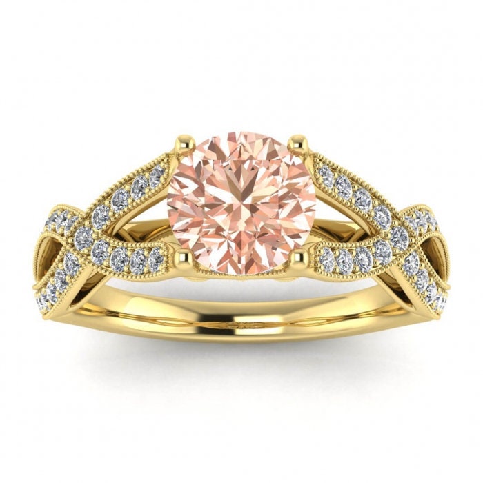 14k Rose Gold Cornelia Classic Halo Morganite And Diamond Engagement Ring, Rounded Band, Shared Prongs Halo