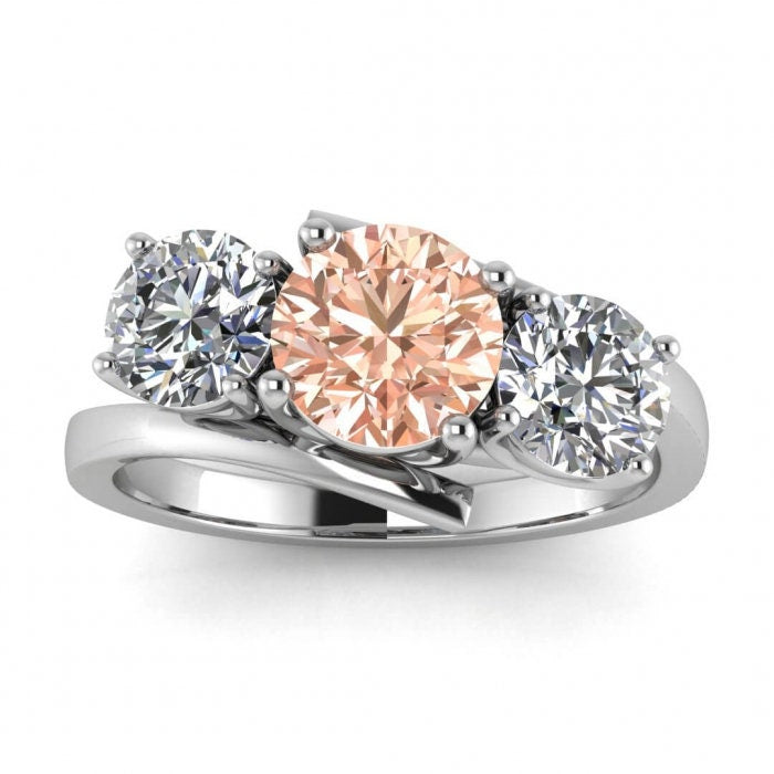 14k Rose Gold Doreen Offset 3 Stone Morganite And Diamond Ring, Offset Basket Setting, Twisted Band, 3 Stone Ring