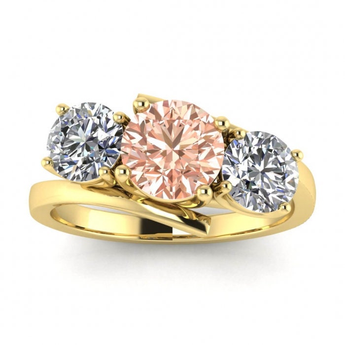 14k Rose Gold Doreen Offset 3 Stone Morganite And Diamond Ring, Offset Basket Setting, Twisted Band, 3 Stone Ring