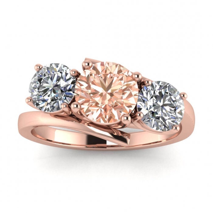 14k Rose Gold Doreen Offset 3 Stone Morganite And Diamond Ring, Offset Basket Setting, Twisted Band, 3 Stone Ring