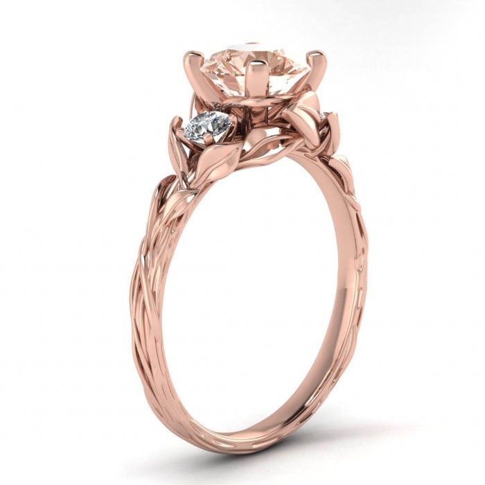 14k Rose Gold Lily Floral Morganite And Diamond Ring (1/5 Ct. Tw.); Lily Engagement Ring, Vintage Floral, Leaf Ring, Floral Ring