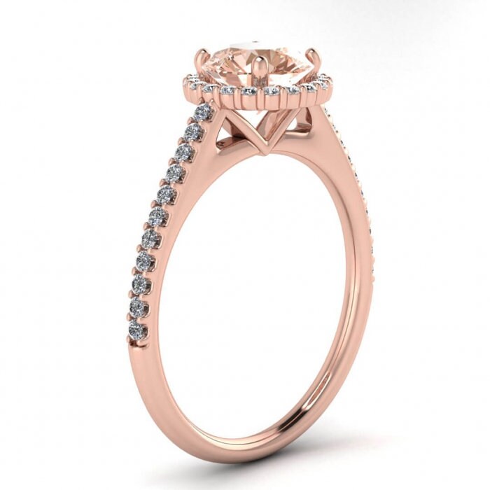 14k Rose Gold Lindo Paved Band Morganite And Diamond Halo Ring (1/4 Ct. Tw.); Open V Shaped Gallery, Basket Halo, Paved Band