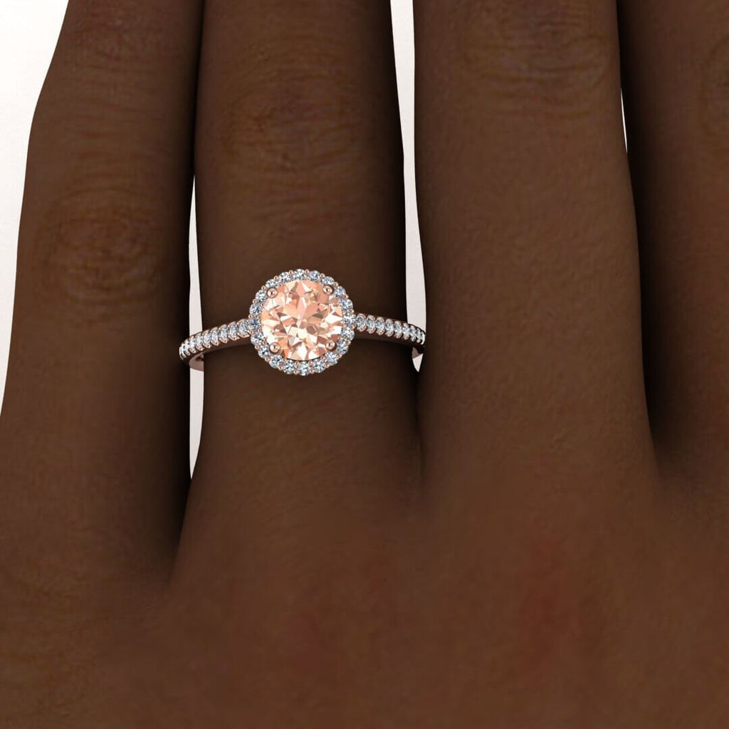 14k Rose Gold Lindo Paved Band Morganite And Diamond Halo Ring (1/4 Ct. Tw.); Open V Shaped Gallery, Basket Halo, Paved Band