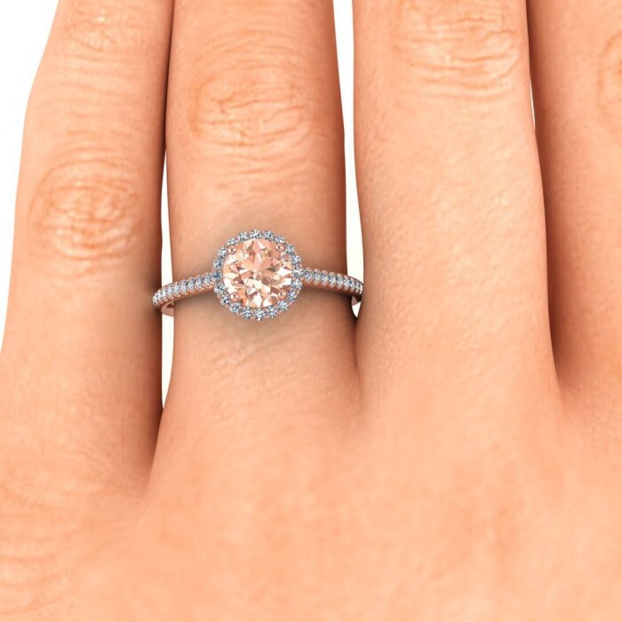 14k Rose Gold Lindo Paved Band Morganite And Diamond Halo Ring (1/4 Ct. Tw.); Open V Shaped Gallery, Basket Halo, Paved Band