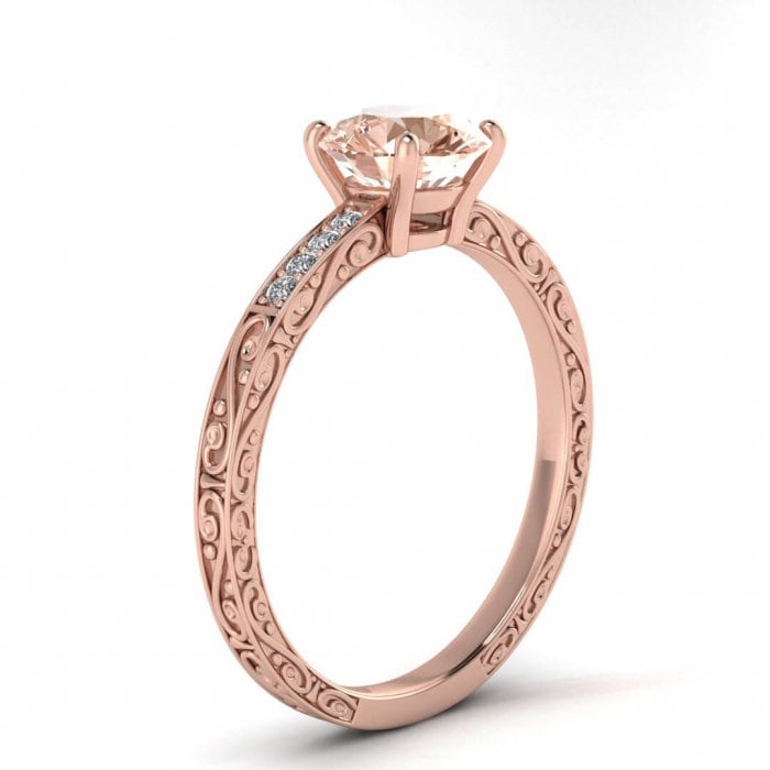 14k Rose Gold Elspeth Micropave Engraved Morganite And Diamond Engagement Ring, Basket Prongs Setting, Shared Prongs Pave, Hand Engraved