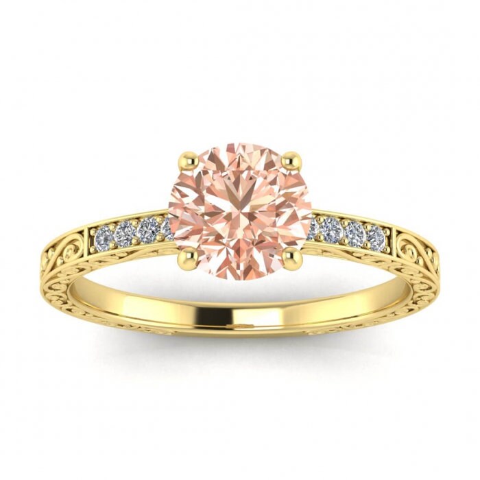 14k Rose Gold Elspeth Micropave Engraved Morganite And Diamond Engagement Ring, Basket Prongs Setting, Shared Prongs Pave, Hand Engraved