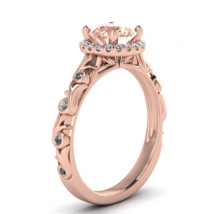 14k Rose Gold Lo Morganite And Diamond Halo Engagement Ring (1/5 Ct. Tw.); Floral Vintage Design, Halo, Cathedral Setting