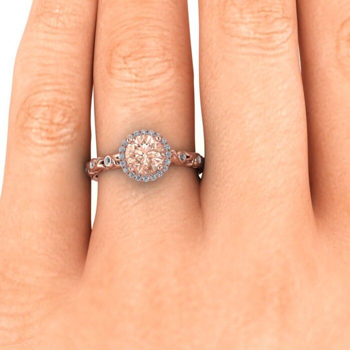 14k Rose Gold Lo Morganite And Diamond Halo Engagement Ring (1/5 Ct. Tw.); Floral Vintage Design, Halo, Cathedral Setting