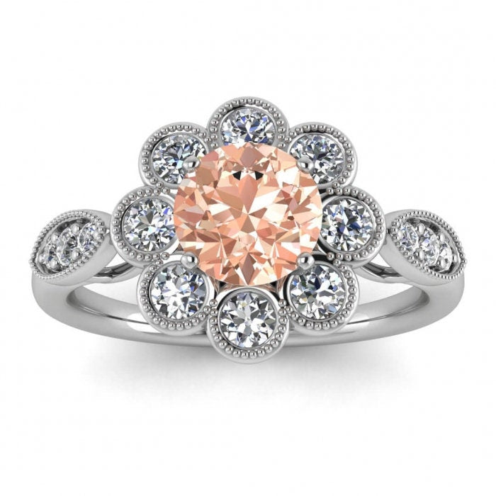 14k Rose Gold Flower Flower Morganite And Diamond Ring, Floating Gallery, Milgrain, Flower Shaped Bezel Halo, Gemstone Set Shoulders