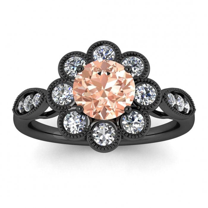 14k Rose Gold Flower Flower Morganite And Diamond Ring, Floating Gallery, Milgrain, Flower Shaped Bezel Halo, Gemstone Set Shoulders