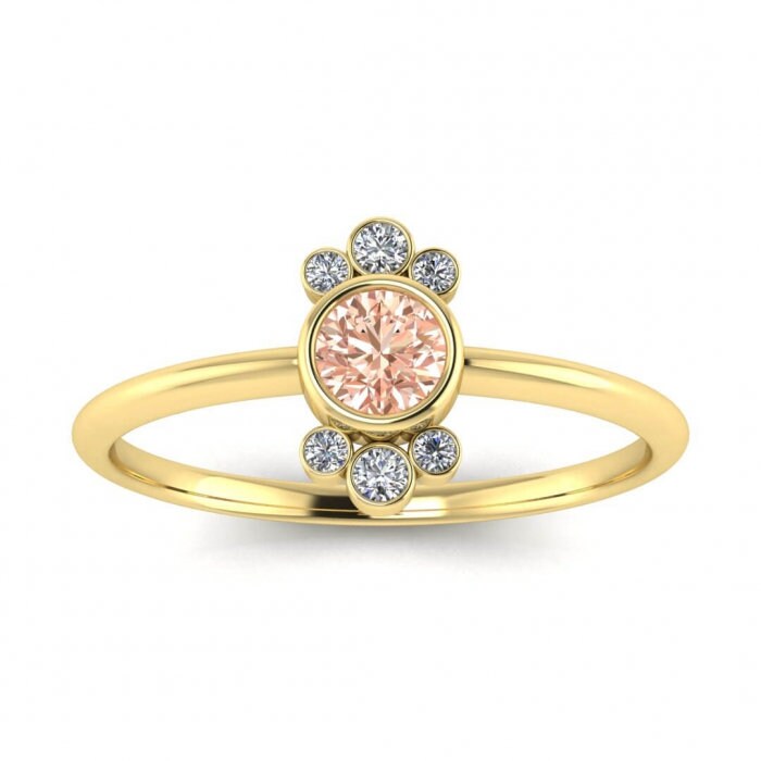 14k Rose Gold Mabel Boho Morganite And Diamond Ring; Delicate Rounded Band,bezel Set Center Gem , Surrounding Bezel Set Gemstone Clusters