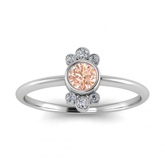 14k Rose Gold Mabel Boho Morganite And Diamond Ring; Delicate Rounded Band,bezel Set Center Gem , Surrounding Bezel Set Gemstone Clusters