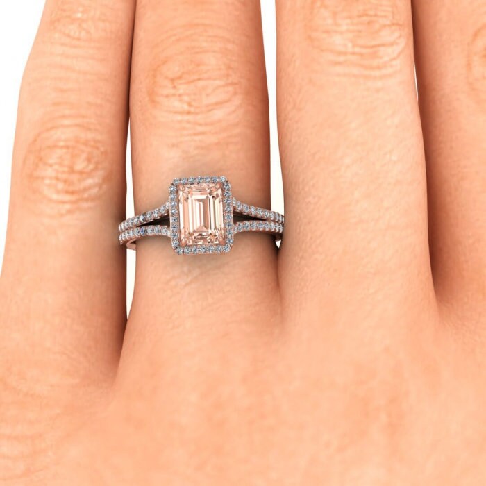 14k Rose Gold Maeva Emerald Cut Morganite And Diamond Halo Ring (1/2 Ct. Tw.); Gemstone Encrusted, Emerald Shape Halo, Adorned Profile