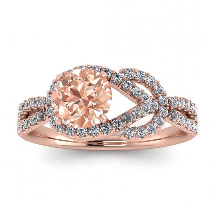 14k Rose Gold Maia Unique Halo Morganite And Diamond Ring (1/3 Ct. Tw.); Infinite Love Knot Pave, Shared Prongs Pave, Unique Halo Design