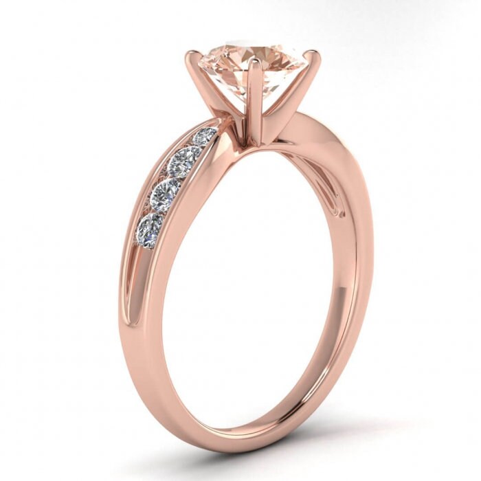 14k Rose Gold Maven Tapered Channel Set Morganite And Diamond Ring (1/4 Ct. Tw.); Tapered Band, Channel Set, Prongs Setting