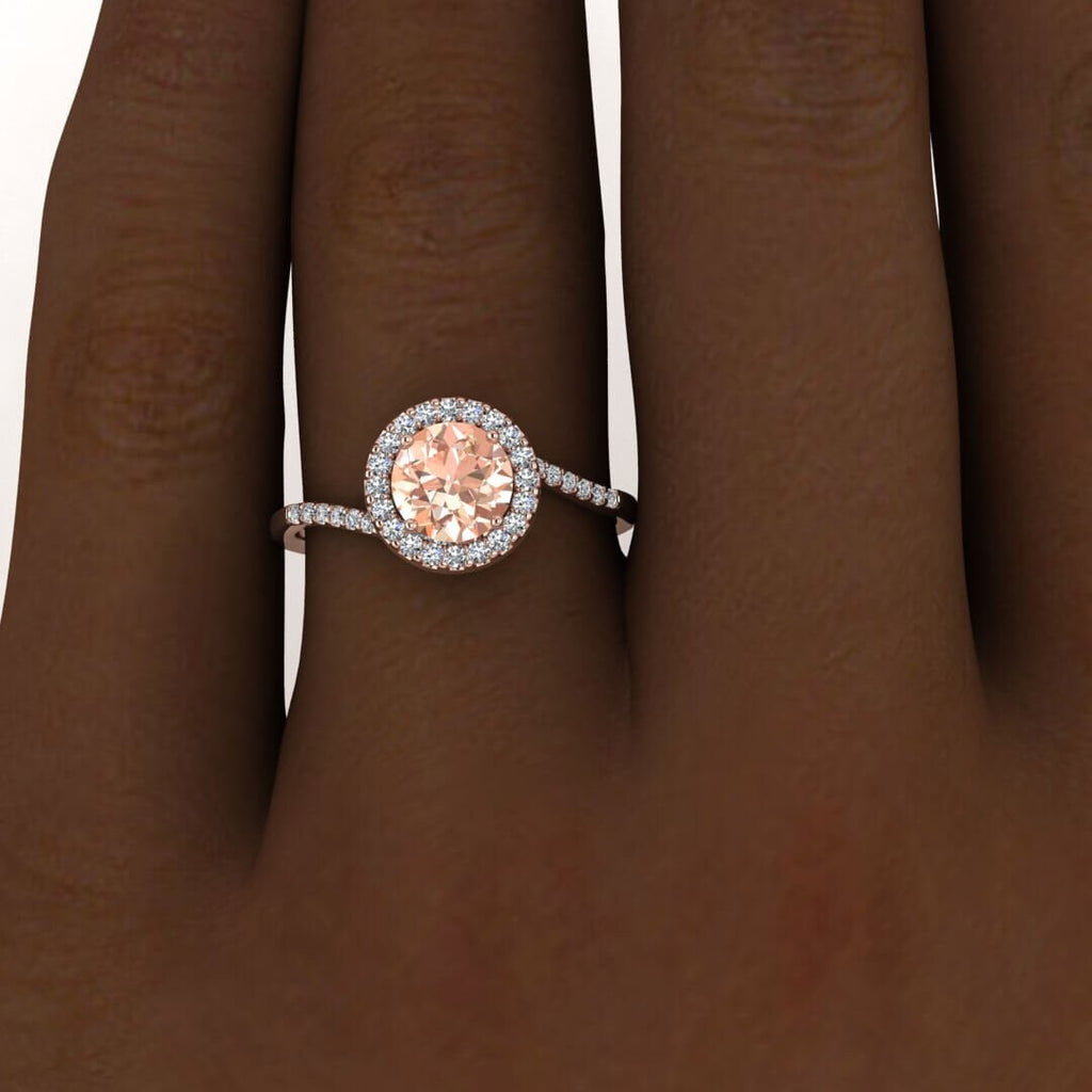 14k Rose Gold Swirl Petite Halo Morganite And Diamond Ring, Shared Prong Pave, Unique Halo, Petite Band, Delicate Band, Paved Band