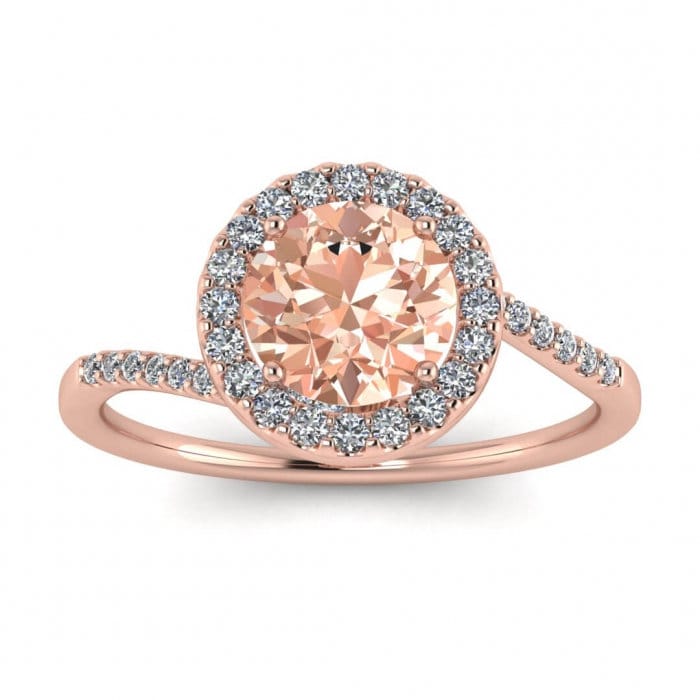 14k Rose Gold Swirl Petite Halo Morganite And Diamond Ring, Shared Prong Pave, Unique Halo, Petite Band, Delicate Band, Paved Band