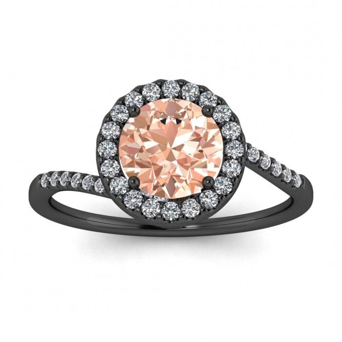 14k Rose Gold Swirl Petite Halo Morganite And Diamond Ring, Shared Prong Pave, Unique Halo, Petite Band, Delicate Band, Paved Band