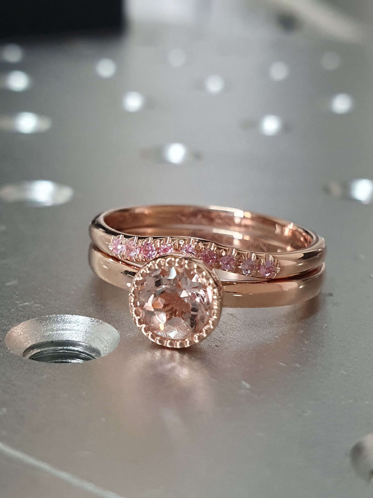 14K Gold 5MM Morganite Bridal Set Rose Gold Morganite Engagement ring Set Peach Pink Sapphire Ring Set for Women Princess Ring