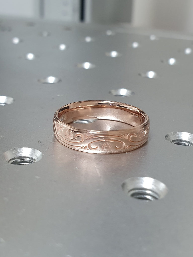 Paisley 14K 18K Solid Rose Gold Wedding Ring for Men & Women, Rose Gold Mens Wedding Band, Hand Engraved Mens Wedding Ring, Engraved Rings