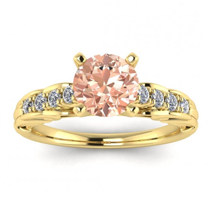 14k Rose Gold Tay Vintage Style Morganite And Diamond Ring, Blooming Shoulders, Tapered Bottom With Wraps, Pave Set Accents, High Profile