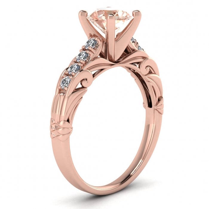 14k Rose Gold Tay Vintage Style Morganite And Diamond Ring, Blooming Shoulders, Tapered Bottom With Wraps, Pave Set Accents, High Profile