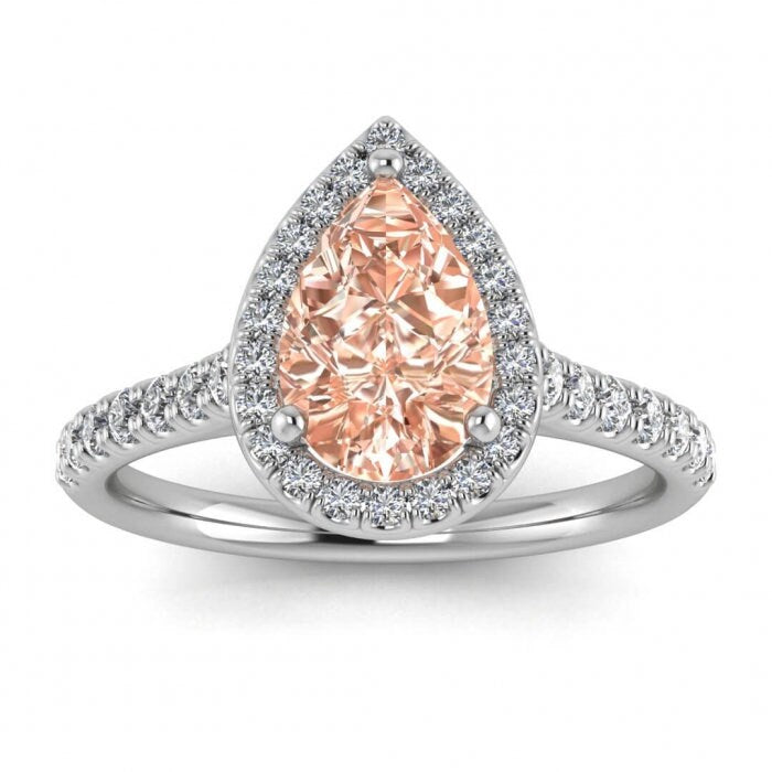 14k Rose Gold Tear Of Joy Pear Halo Pear Morganite And Diamond Ring, Scalloped Pave Accents, Bridged Gallery, Pear Shaped Halo