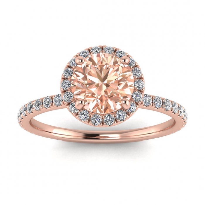 14k Rose Gold Mirabel Thin Band Halo Morganite And Diamond Ring (2/5 Ct. Tw.); Thin Band, Paved Gemstones, Paved Gallery, Paved Halo