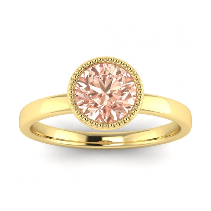 14k Rose Gold Nyla Round Bezel Morganite Ring; Unique Basket Gallery, Milgrained Bezel