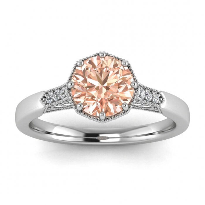 14k Rose Gold Octagon Milgrain Morganite And Diamond Ring (1/10 Ct. Tw.); Milgrain,adorned Setting,pave Setting, Octagon Center Setting