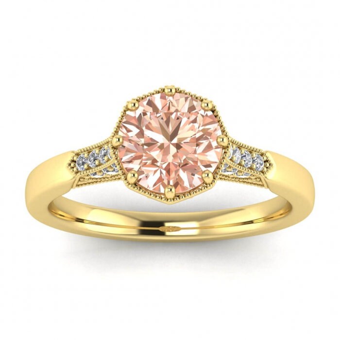 14k Rose Gold Octagon Milgrain Morganite And Diamond Ring (1/10 Ct. Tw.); Milgrain,adorned Setting,pave Setting, Octagon Center Setting