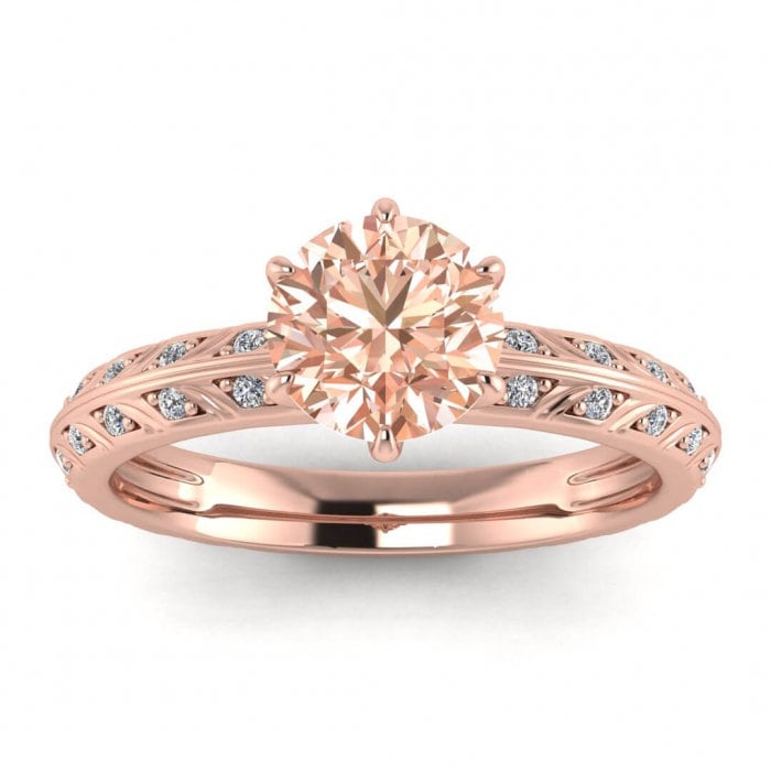 14k Rose Gold Violette Unique Knife Edge Morganite And Diamond Ring, Prongs Setting, Channel Pave Accents, Engraved