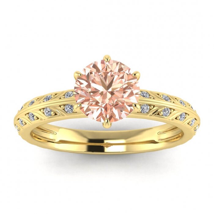 14k Rose Gold Violette Unique Knife Edge Morganite And Diamond Ring, Prongs Setting, Channel Pave Accents, Engraved