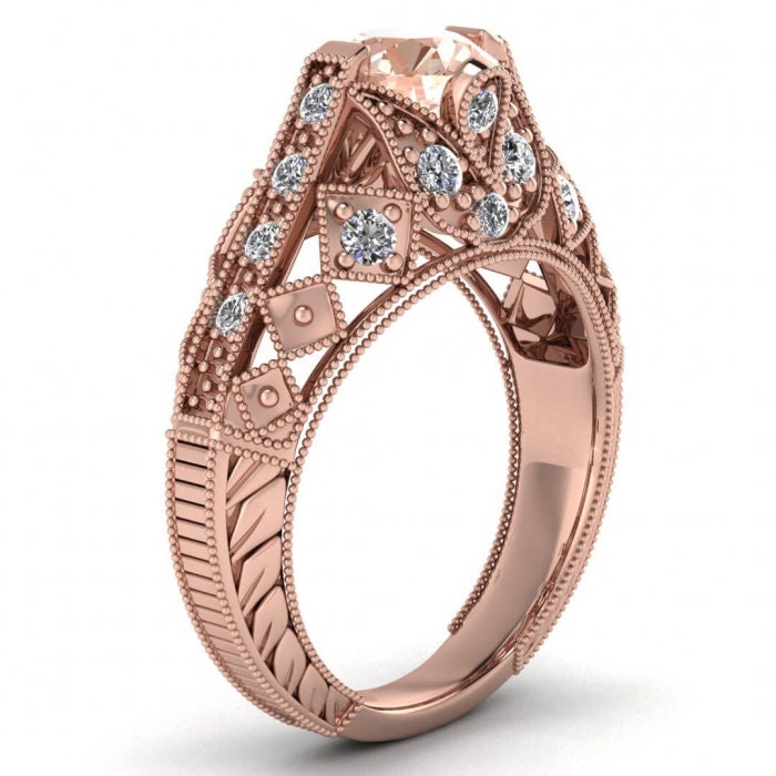 14k Rose Gold Willa Filigree Morganite And Diamond Ring, Intricate Milgrained Gallery, Hidden Gemstones, Hand Engraved Band, Pave Gemstone