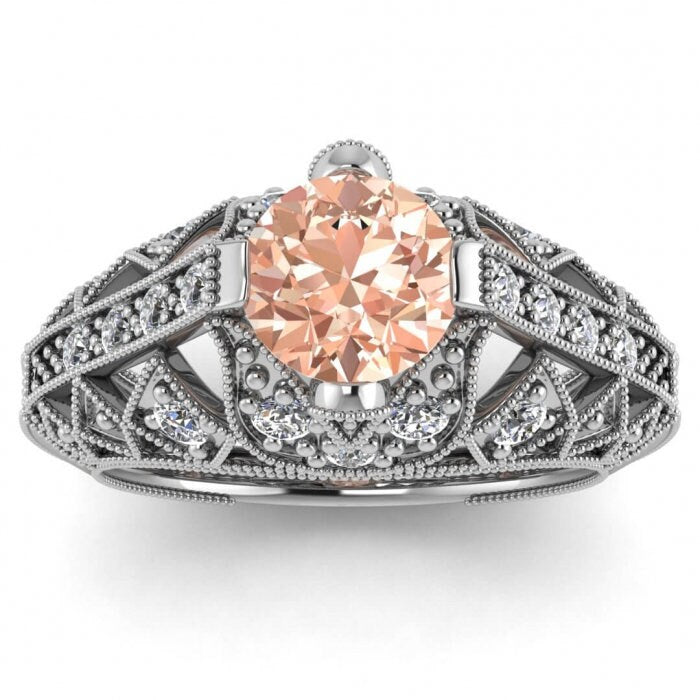 14k Rose Gold Willa Antique Morganite And Diamond Engagement Ring, Intricate Milgrained Gallery, Hidden Gemstones