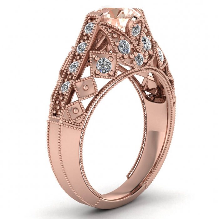 14k Rose Gold Willa Antique Morganite And Diamond Engagement Ring, Intricate Milgrained Gallery, Hidden Gemstones