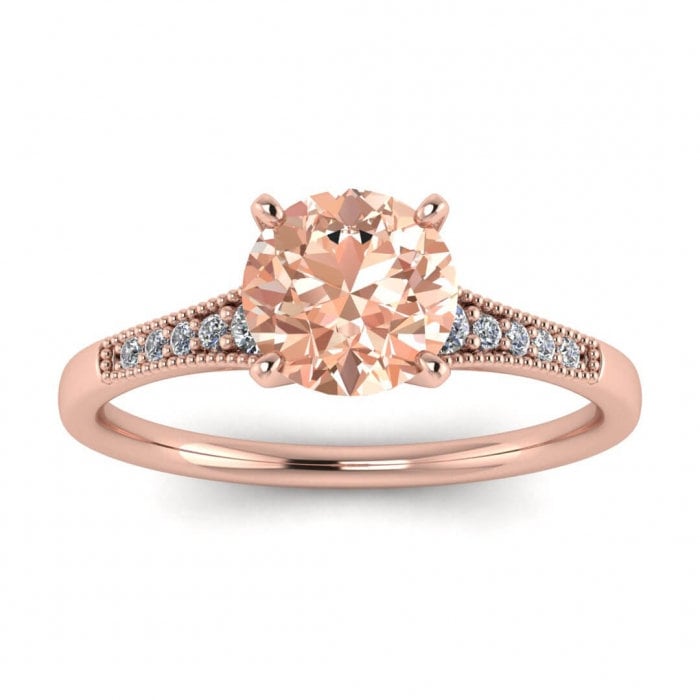 14k Rose Gold Zora Tapered Morganite And Diamond Ring, Tapered Gemstones, Milgrain, High Profile Prongs Setting