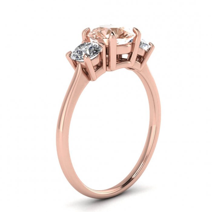 14k Rose Gold Ovy Thin Band Three Stone Morganite And Diamond Ring (1/2 Ct. Tw.); Delicate Band, Claw Prongs, Three Stone Ring