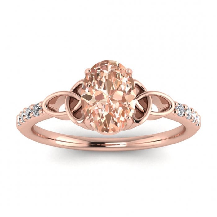 14k Rose Gold Pomme Oval Morganite And Diamond Celtic Ring (1/9 Ct. Tw.); Love Knot, Celtic, Shared Prong Accents, Open Basket Setting