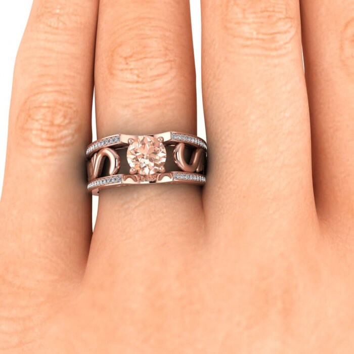 14k Rose Gold Riva Vintage Styled Wide Band Morganite And Diamond Ring (1/3 Ct. Tw.); Paved Edges, Antique Filigree,wide Band