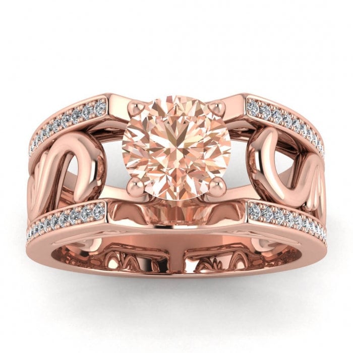 14k Rose Gold Riva Vintage Styled Wide Band Morganite And Diamond Ring (1/3 Ct. Tw.); Paved Edges, Antique Filigree,wide Band