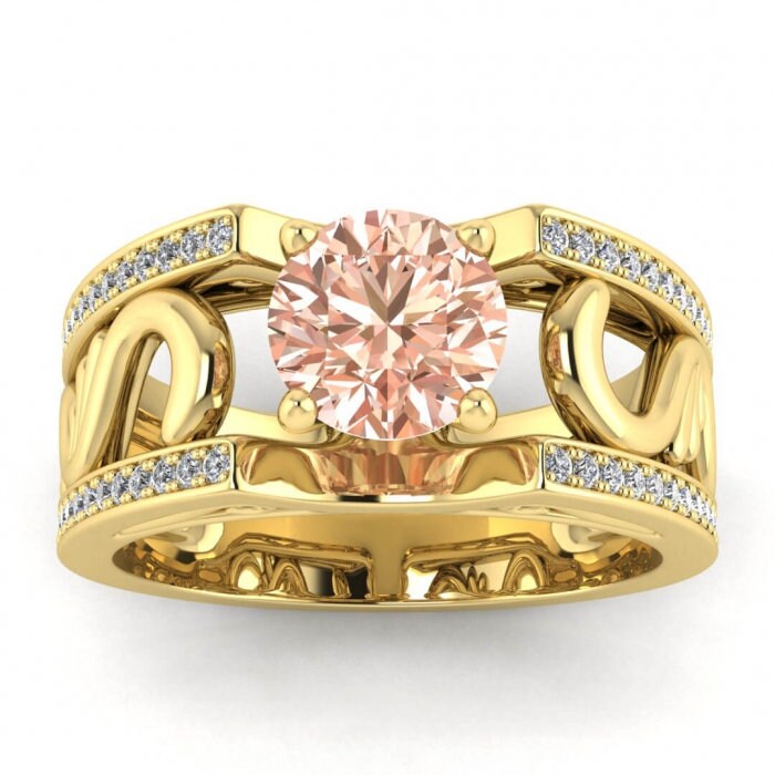 14k Rose Gold Riva Vintage Styled Wide Band Morganite And Diamond Ring (1/3 Ct. Tw.); Paved Edges, Antique Filigree,wide Band