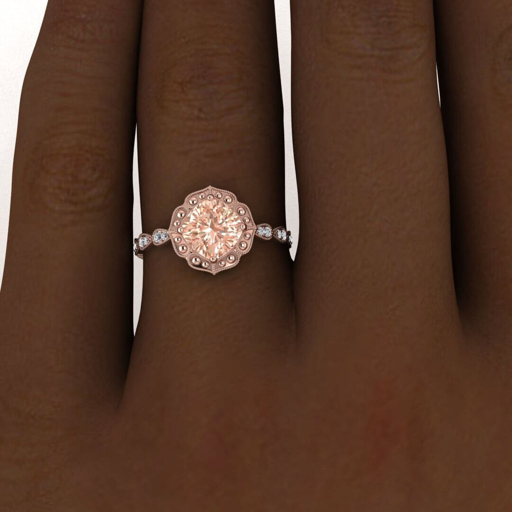 14k Rose Gold Sanne Vintage Inspired Cushion Cut Morganite And Diamond Engagement Ring; Vintage Inspired Setting, Beaded Milgrain