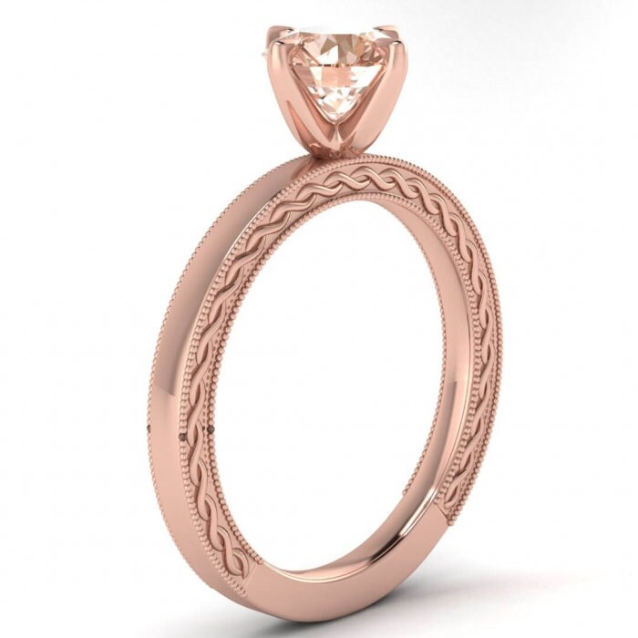 14k Rose Gold Scarlet Vintage Engraved Morganite Ring, Milgrained, Squared Band, Infinity Engraved